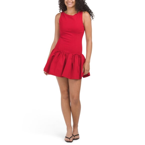 KALI FASHIONS Red Drop Waist Bow Detail Ponte Mini Dress - Picture 1 of 2